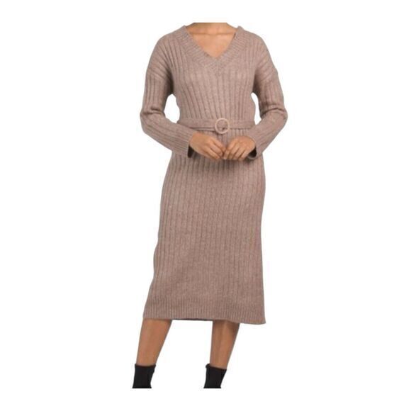 Tahari Dresses & Skirts - Tahari Midi Sweater Dress Small Brown Tan Ribbed Knit Long Sleeve Belted Fitted
